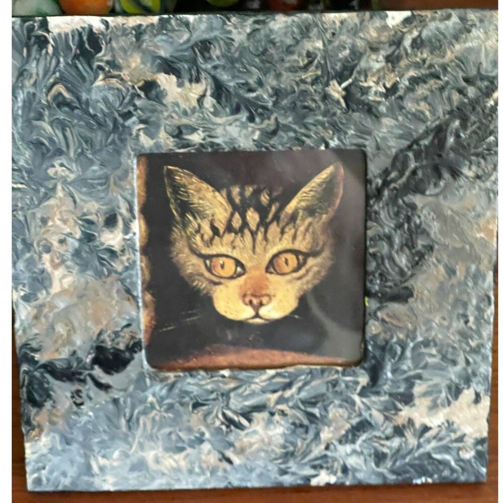 Vintage Small Cat Picture Upcycled Print 6x6 Gray/Black Yellow Eyes Cottagecore